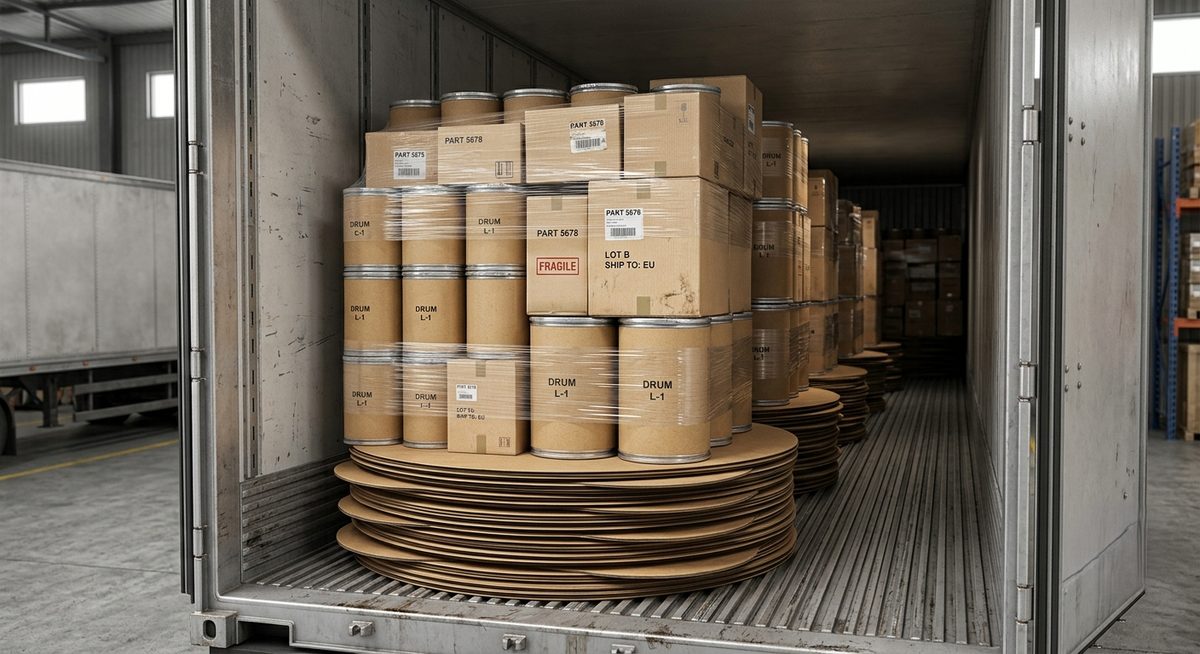 Chipboard sheets loaded in a container