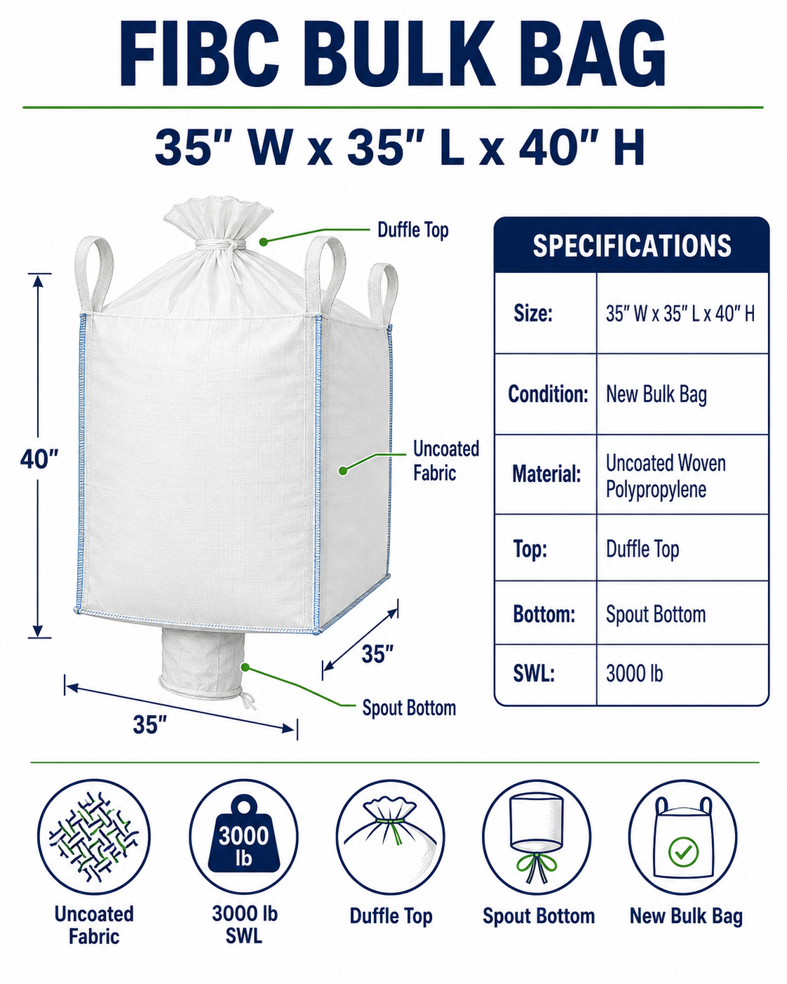 35x35x40 Uncoated Duffle Top, Spout Bottom 3000 lbs - Image 3