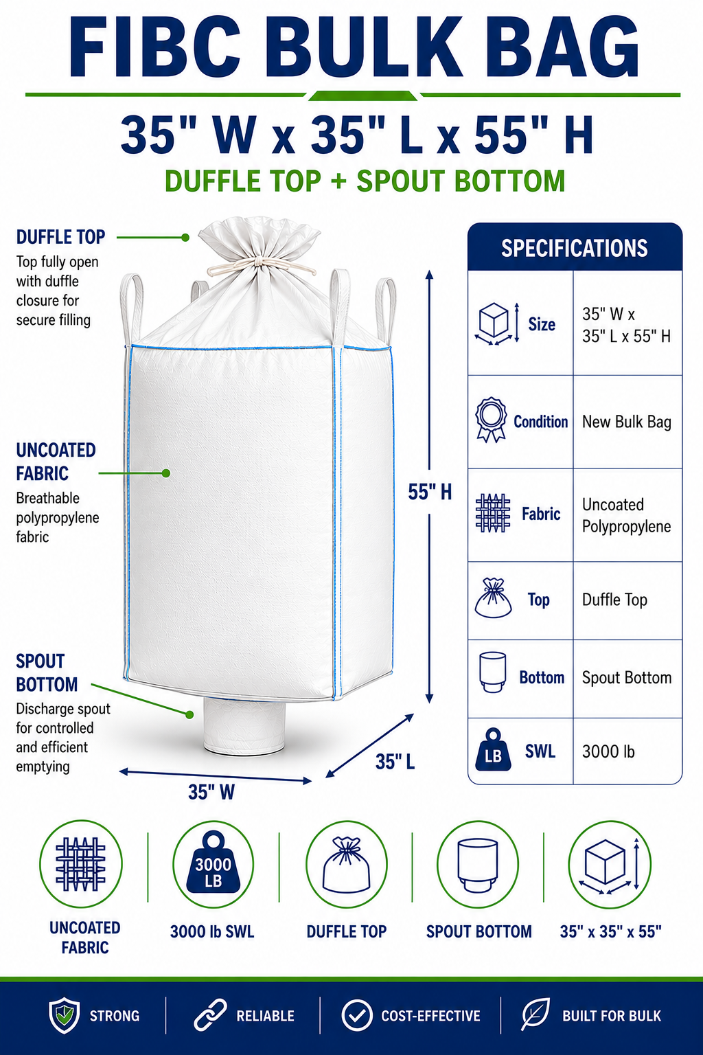 35x35x55 Uncoated Duffle Top, Spout Bottom 3000 lbs - Image 3