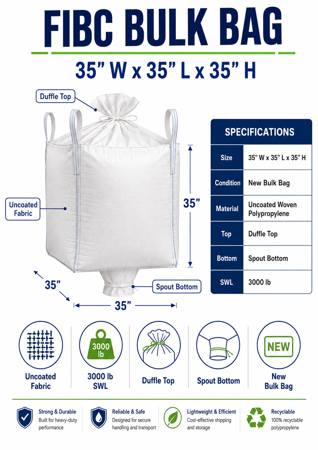 35x35x35 Uncoated Duffle Top, Spout Bottom 3000 lbs - Image 3