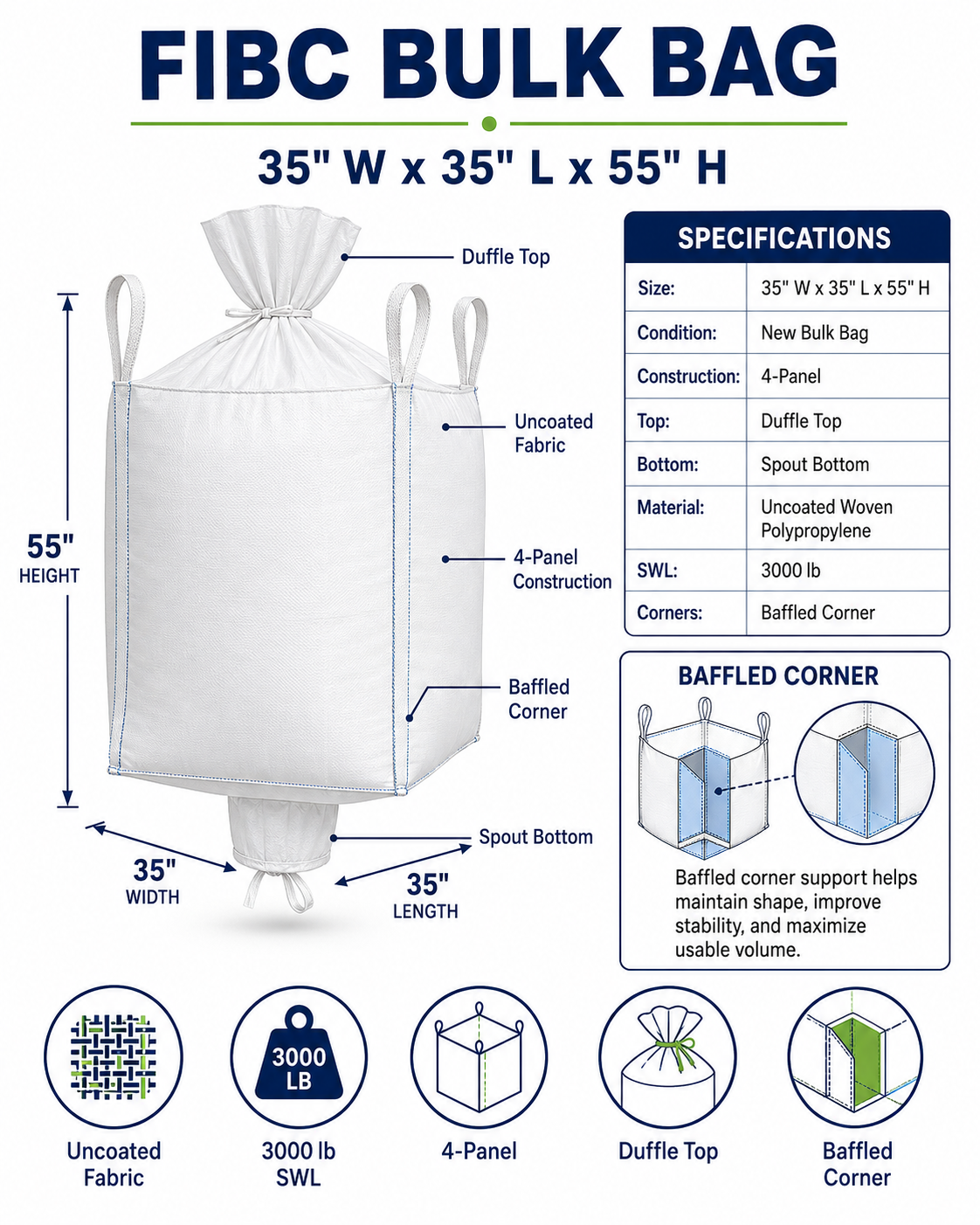 35x35x55 Uncoated Duffle Top, Spout Bottom Baffle - Image 3