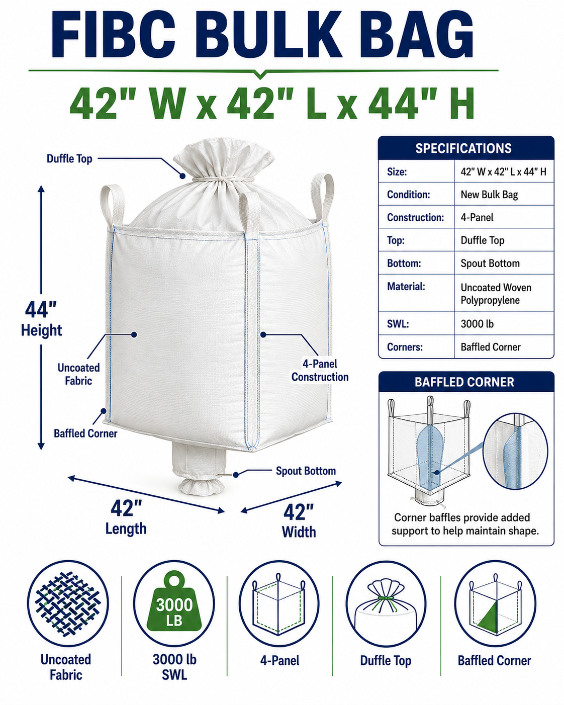 42x42x44 Uncoated Duffle Top, Spout Bottom Baffle - Image 3