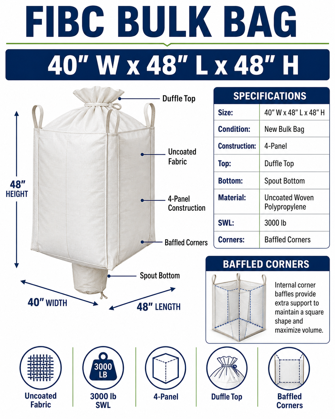 40x48x48 Uncoated Duffle Top, Spout Bottom Baffle - Image 3