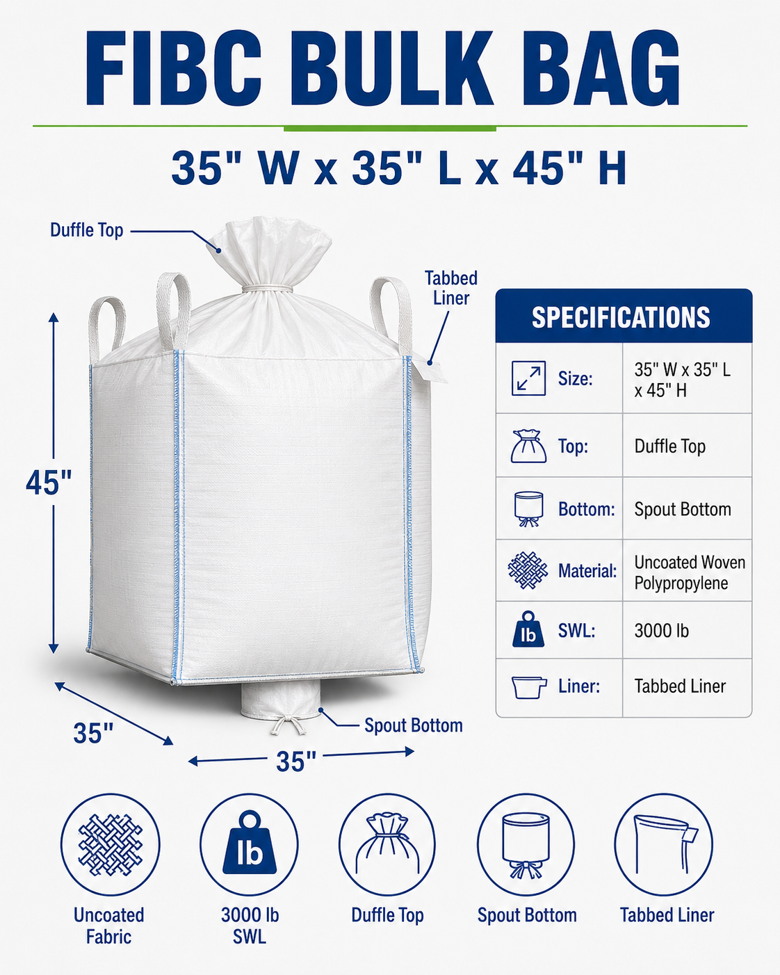 35x35x45 Uncoated Duffle Top, Spout Bottom Tabbed Liner - Image 3