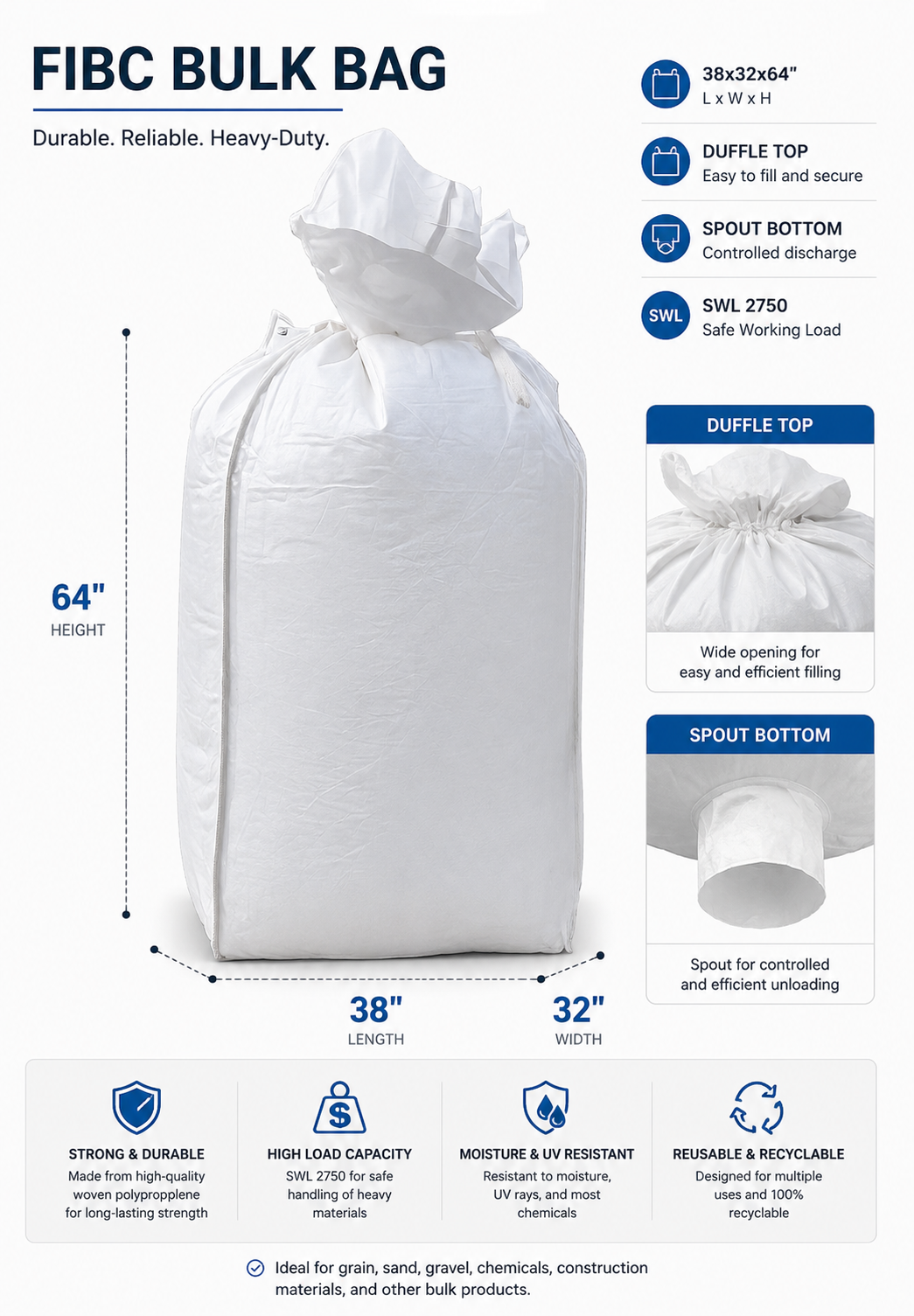 38x32x64 Bulk Bag | Duffle Top, Spout Bottom | Used | SWL 2750 - Image 2